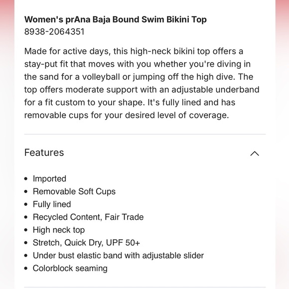 NWT prAna Baja Bound Colorblock Surfer Volleyball Bikini Top Size Small - Picture 5 of 7